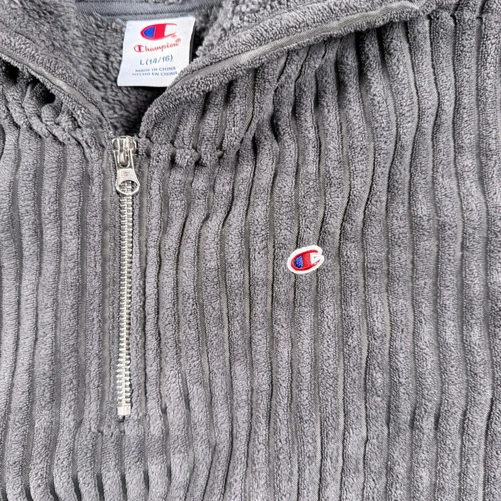 Champion Corduroy Hoodie Quarter Zip Boys Size L 14/16 Grey Sherpa‎ Lined
